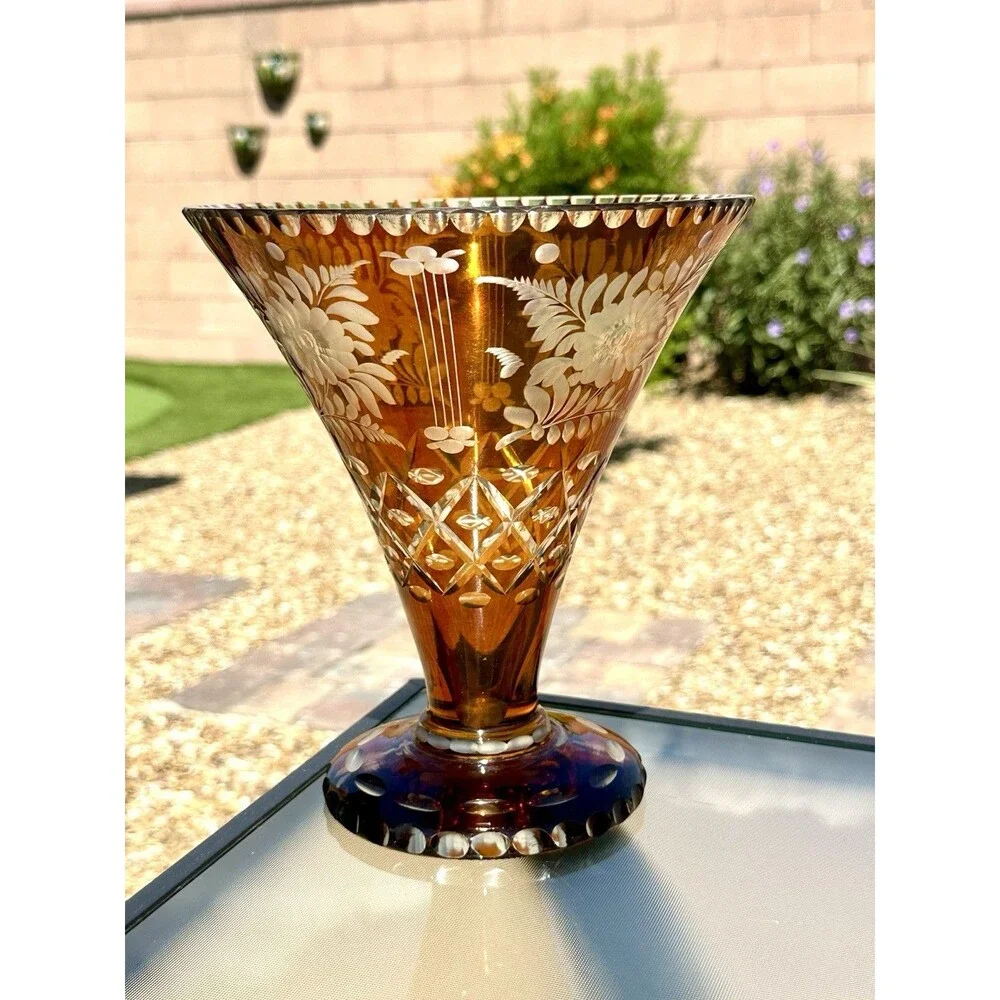 Vintage Bohemian Amber Flash Cut to Clear Glass Vase " Floral Engraved Czech - Picture 4 of 16